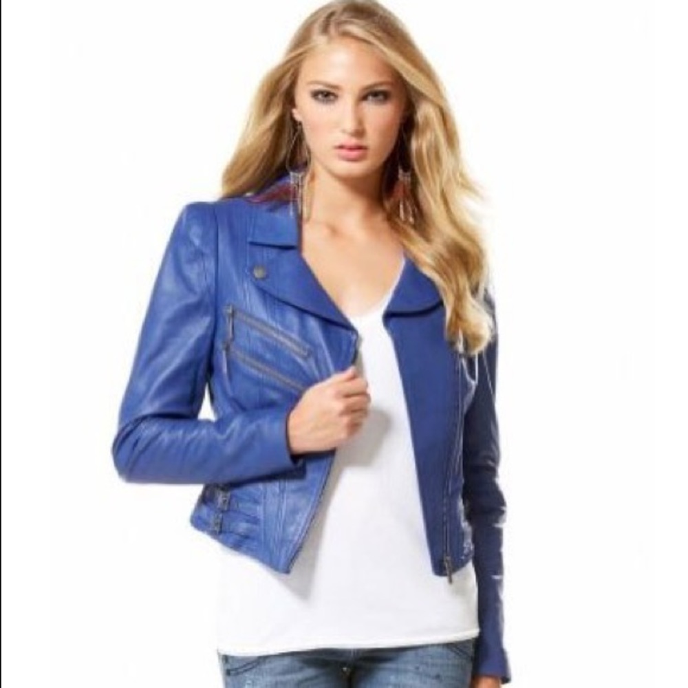 Bebe Sapphire Blue Leather Jacket M (runs like S)